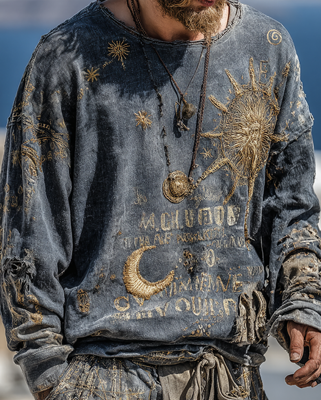 Men's casual star and moon 3D embroidered long-sleeved top 56b4