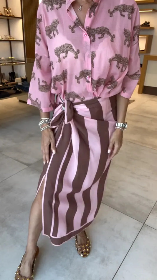 Tiger Print Shirt & Stripe Wrap Midi Skirt Two Piece Set