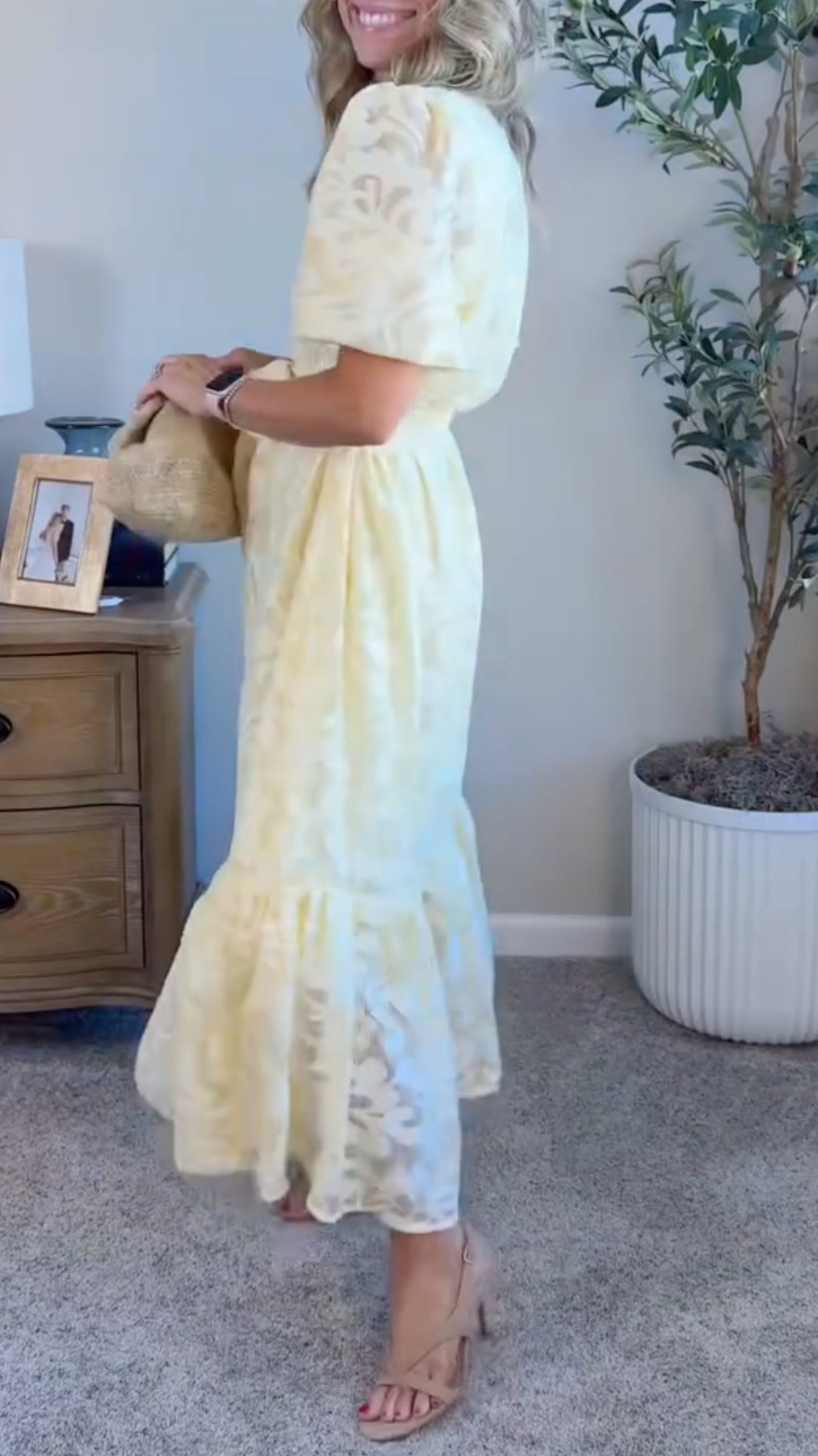 Yellow Floral Jacquard Midi Dress