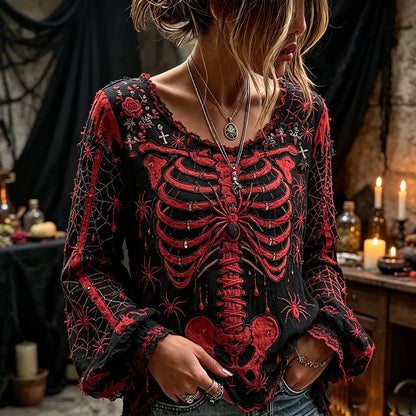 Women's Halloween Spider And Skull Art Color-block Crewneck Long Sleeve Top