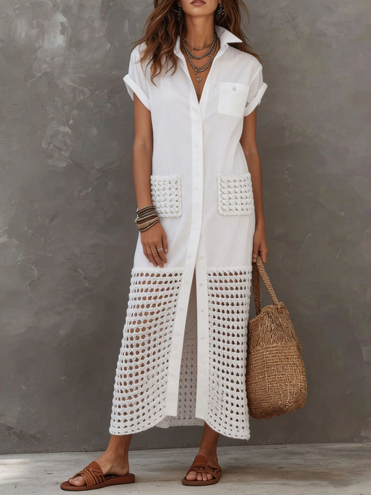 Women’s Crochet Patchwork Short Sleeve Button Front Shirt Maxi Dress