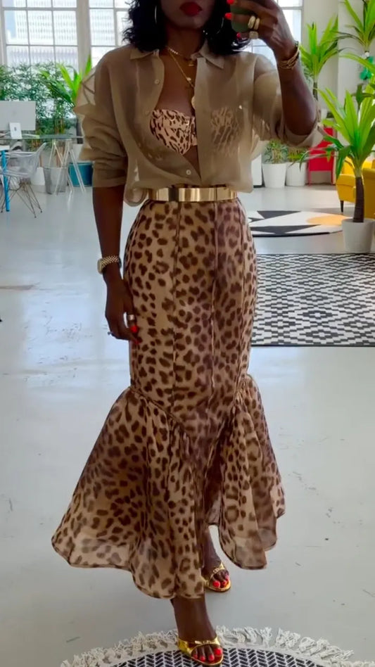 Leopard Print Midi Skirt & Sheer Shirt Outfit