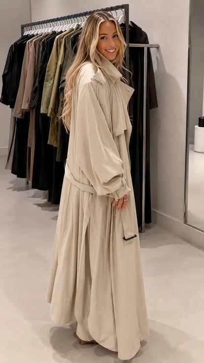 Oversized Soft Fabric Belted Maxi Trench Coat