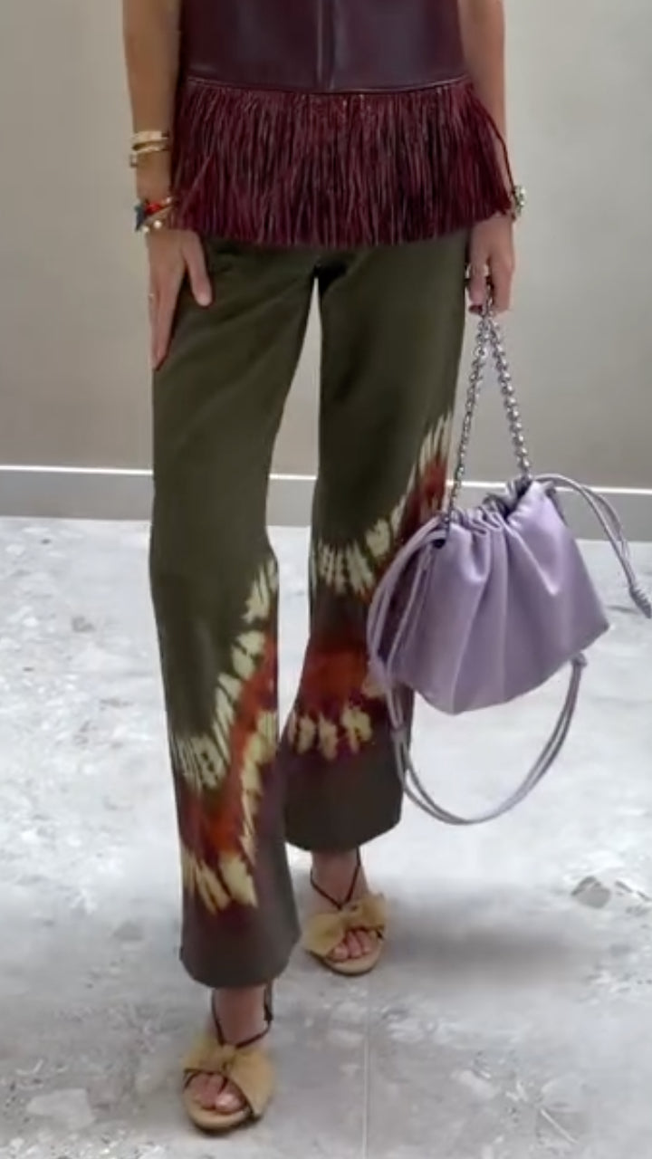 Maroon Leather Fringe Halter Top & Tie-Dye Pants