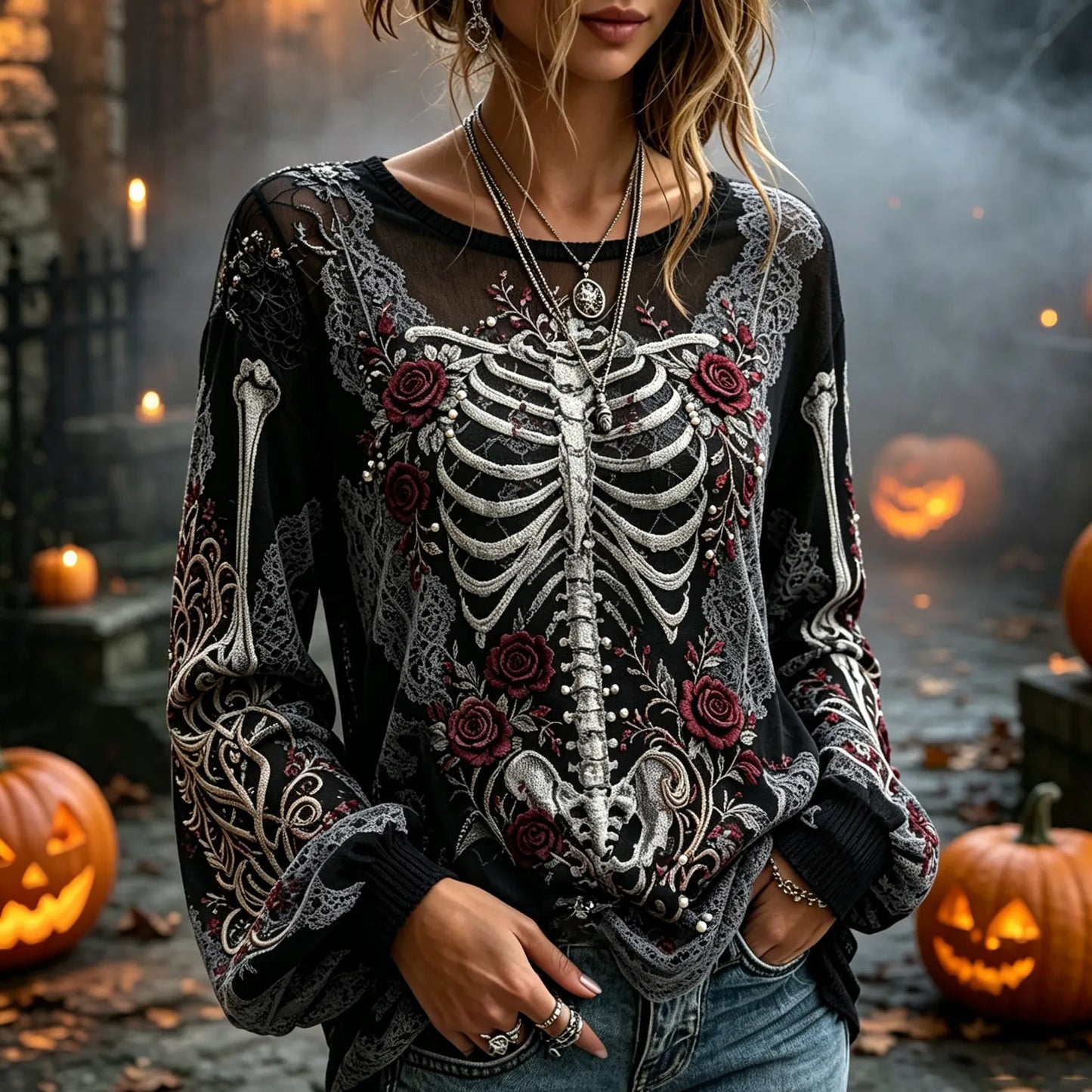 Women's Retro Dark Skull Rose Design Long-sleeve T-shirt