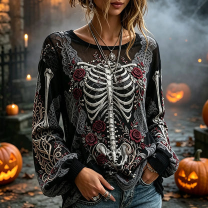 Women's Retro Dark Skull Rose Design Long-sleeve T-shirt