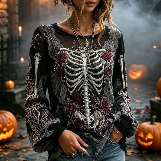 Women's Retro Dark Skull Rose Design Long-sleeve T-shirt