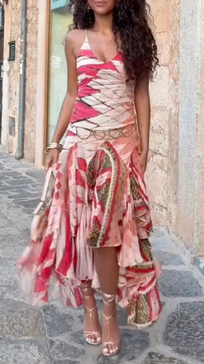 Boho Tribal Print High Low Fringe Maxi Dress