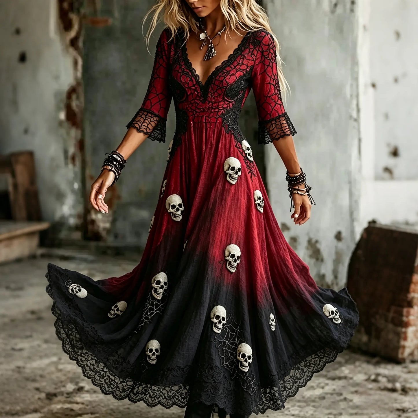 Women's Retro Gothic Skull Floral Lace Gradient Pattern Print Mixi Dress