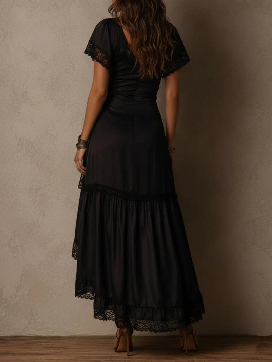 Elegant Black Satin Lace-trimmed Asymmetrical Maxi Dress