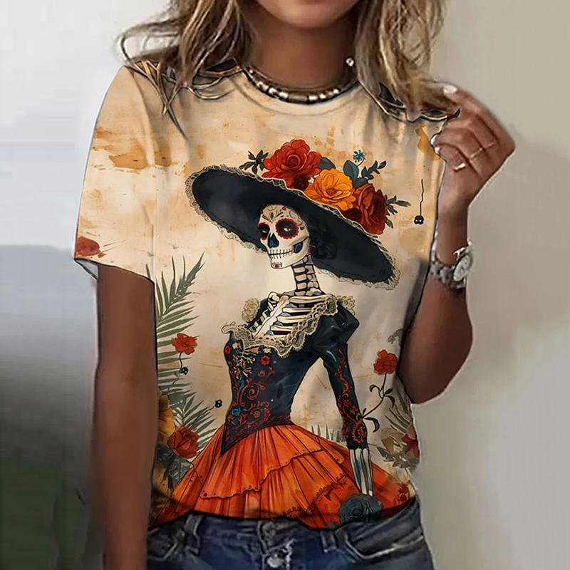 Retro Day Of The Dead Mexican La Catrina Art Pattern Print Cotton Graphic T-Shirt