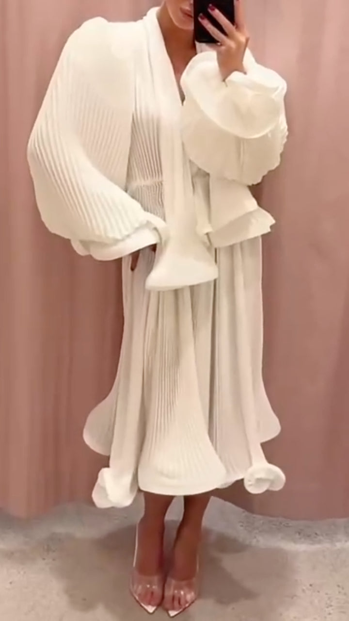 White Pleated Ruffle Two-Piece Dress Set