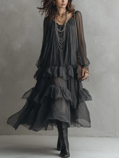 Black U-neck Sheer Layered Ruffled Maxi Dress