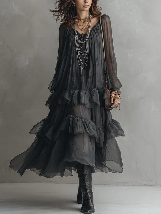 Black U-neck Sheer Layered Ruffled Maxi Dress