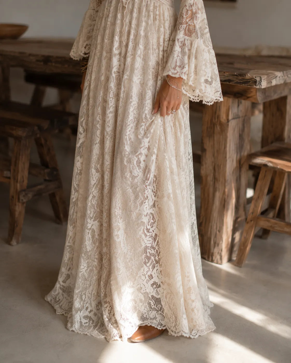 Apricot Lace V-neck Bell Sleeve Bohemian Maxi Dress