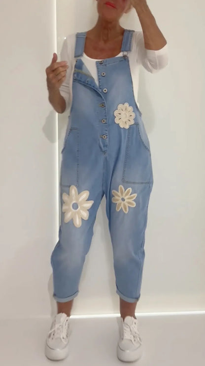 Floral Applique Denim Overall Jumpsuit