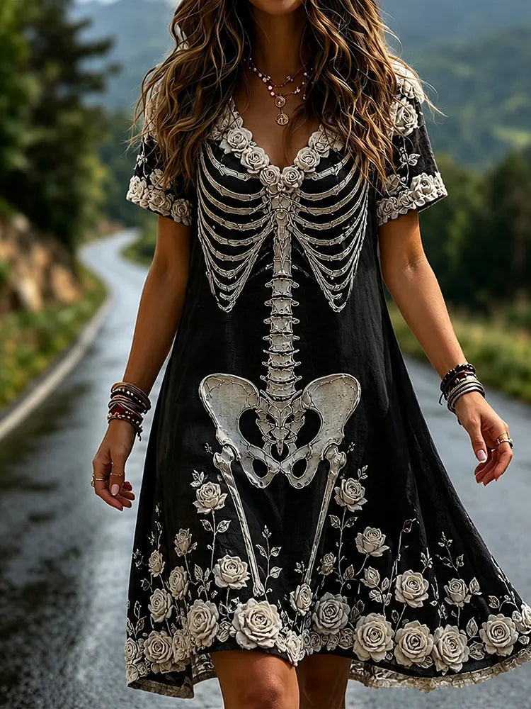 Women's Vintage Rose And Bloody Halloween Art V-neck Short Sleeve Mini Dress