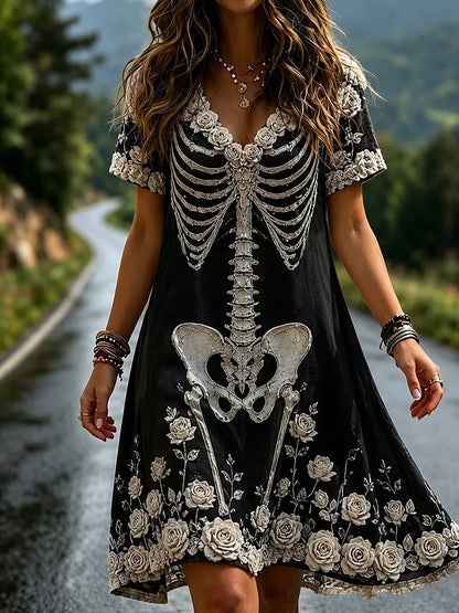 Women's Vintage Rose And Bloody Halloween Art V-neck Short Sleeve Mini Dress