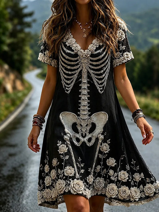 Women's Vintage Rose And Bloody Halloween Art V-neck Short Sleeve Mini Dress