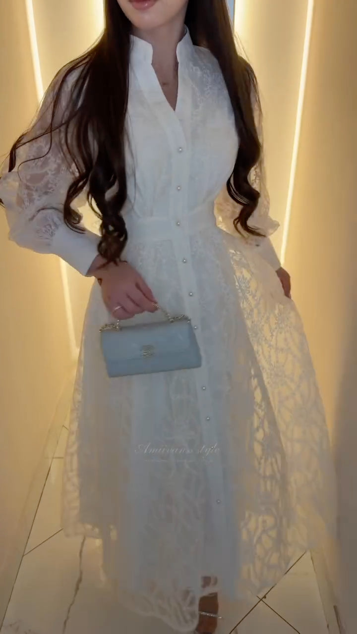 White Lace Button-Front Maxi Dress