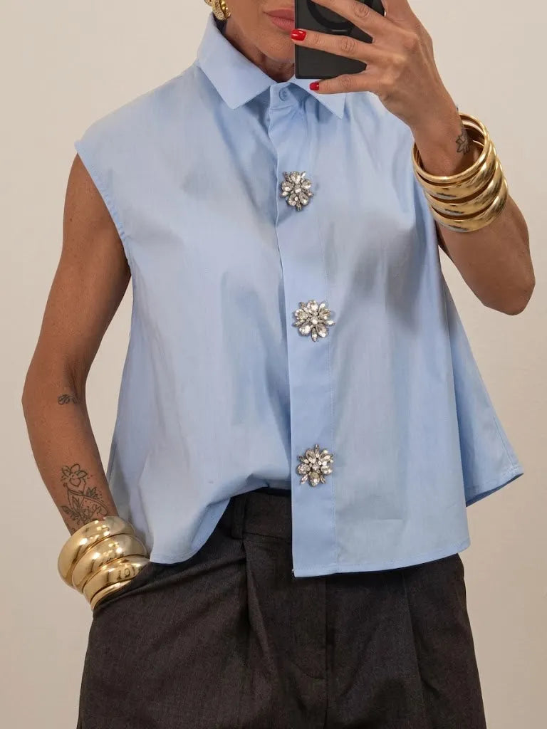 Casual Sleeveless Cotton Shirt With Decorative Rhinestone Buttons