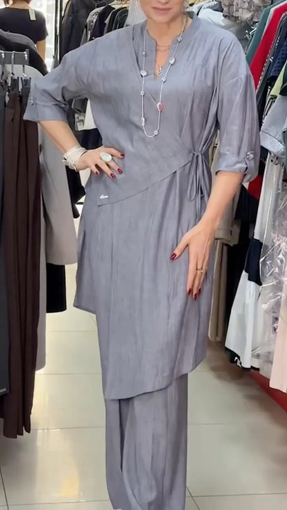 Linen Blend Wrap Tunic Top & Wide Leg Pants 2‑Piece Set