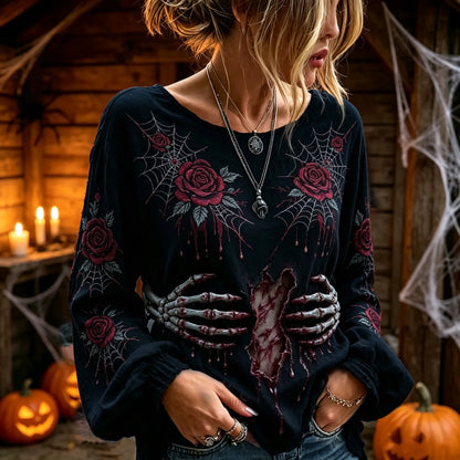 Women's Retro Halloween Floral And Bone Embroidered Long-sleeved Top