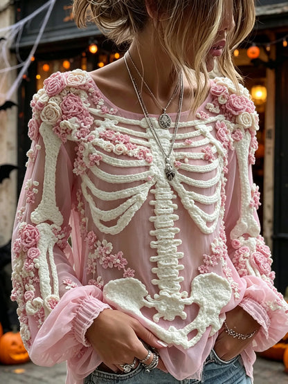 Women's Vintage Skeleton Pattern Rose Linen Blend Art Long Sleeve T-shirt