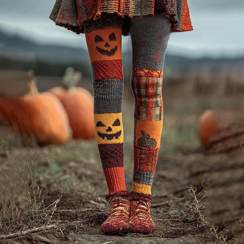 Women's Halloween Pumpkin Face Patchwork Art Casual Leggings