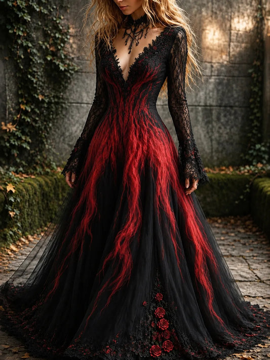Women's Retro Gothic Gradient Pattern V Neck Maxi Halloween Dress