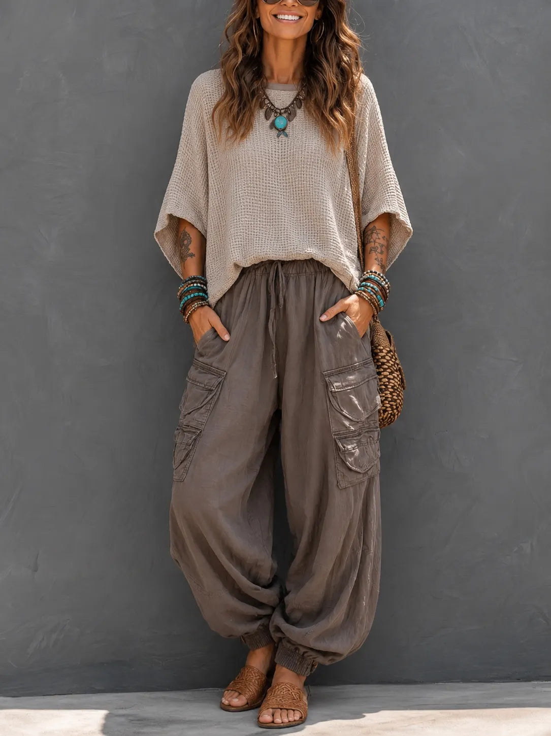Casual & Cozy Two-piece Set: Waffle-knit Cotton Top And Cotton Cargo Pants
