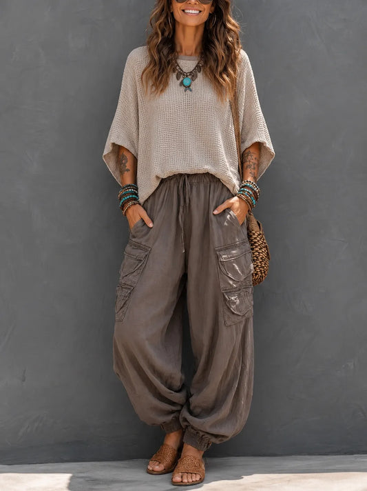 Casual & Cozy Two-piece Set: Waffle-knit Cotton Top And Cotton Cargo Pants