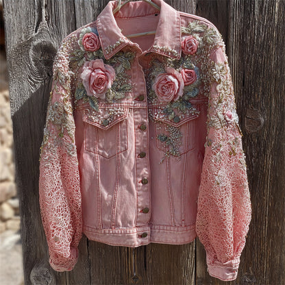 Pink Roses Embroidered Lace Patchwork Denim Jacket