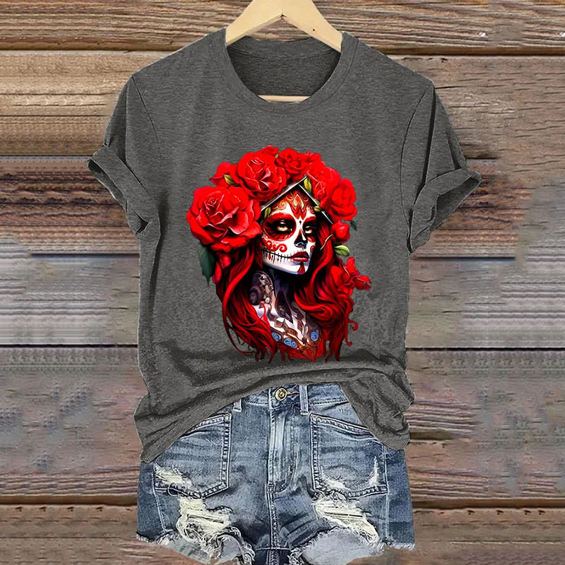 Mexican La Catrina Day Of The Dead Art Pattern Print Cotton Graphic T-Shirt