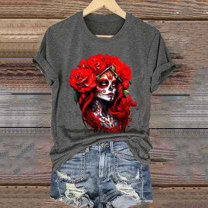 Mexican La Catrina Day Of The Dead Art Pattern Print Cotton Graphic T-Shirt