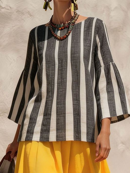 Women’s Vertical Stripe Cotton Linen Flare 3/4 Sleeve Casual Blouse