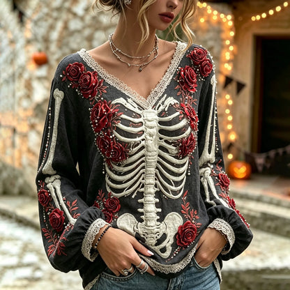 Women's Vintage Halloween Bloody Human Skeleton With Floral Art Casual Long Sleeve Tops