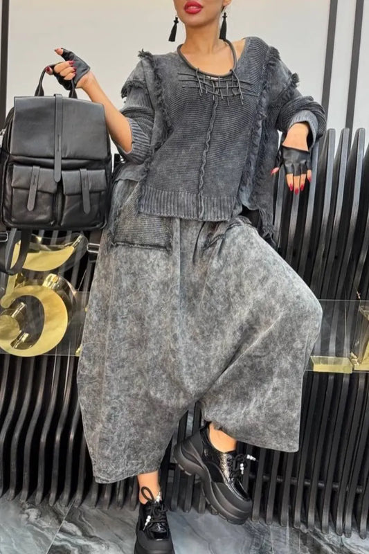 Frayed Knit Top & Drop‐Crotch Harem Pants Outfit