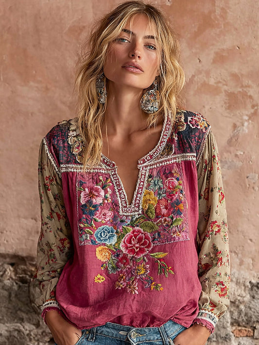 Women's Vintage Flower Embroidery Patchwork V-neck Long Sleeve Linen Blend Blouse