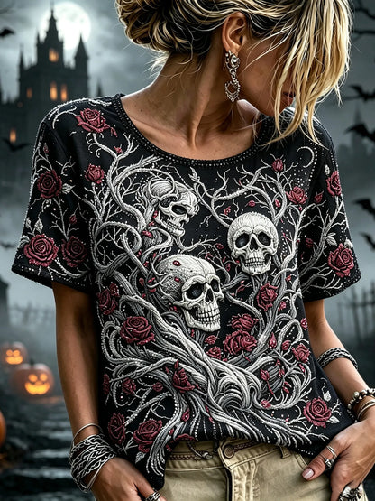 Women's Retro Halloween Skull Floral Art Casual Crew Neck Short Sleeve T-shirt