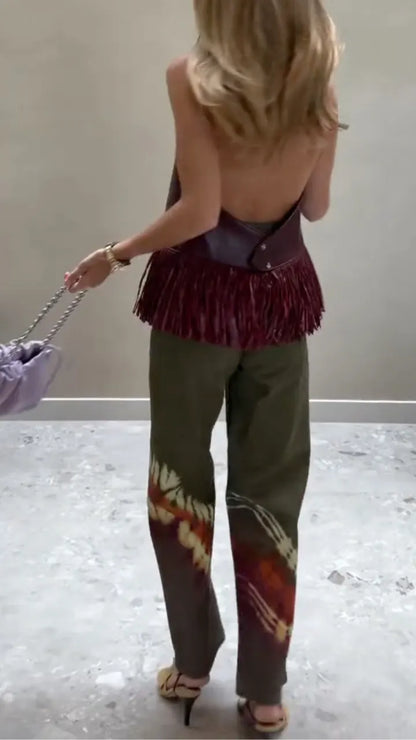 Maroon Leather Fringe Halter Top & Tie-Dye Pants