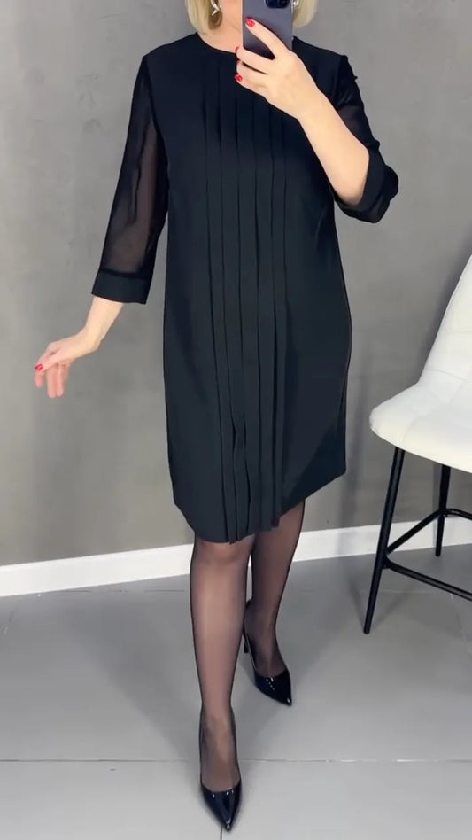 Black Pleated Sheer Sleeve Shift Dress