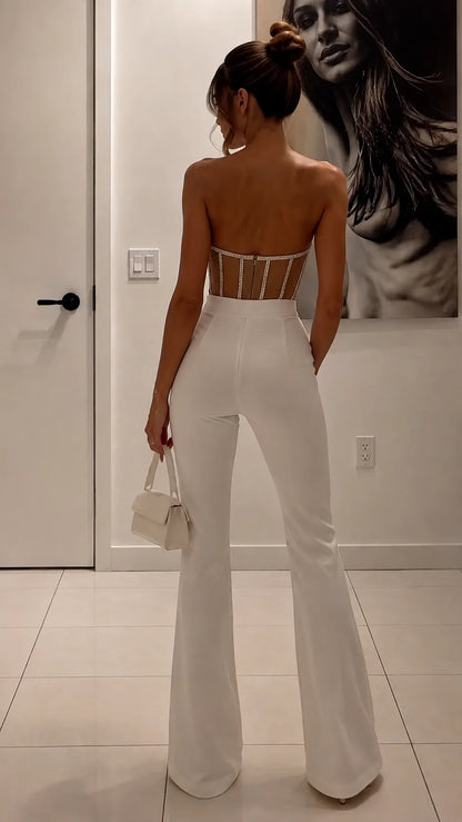 Rhinestone Mesh Corset & White Flared Pants Two Piece Set