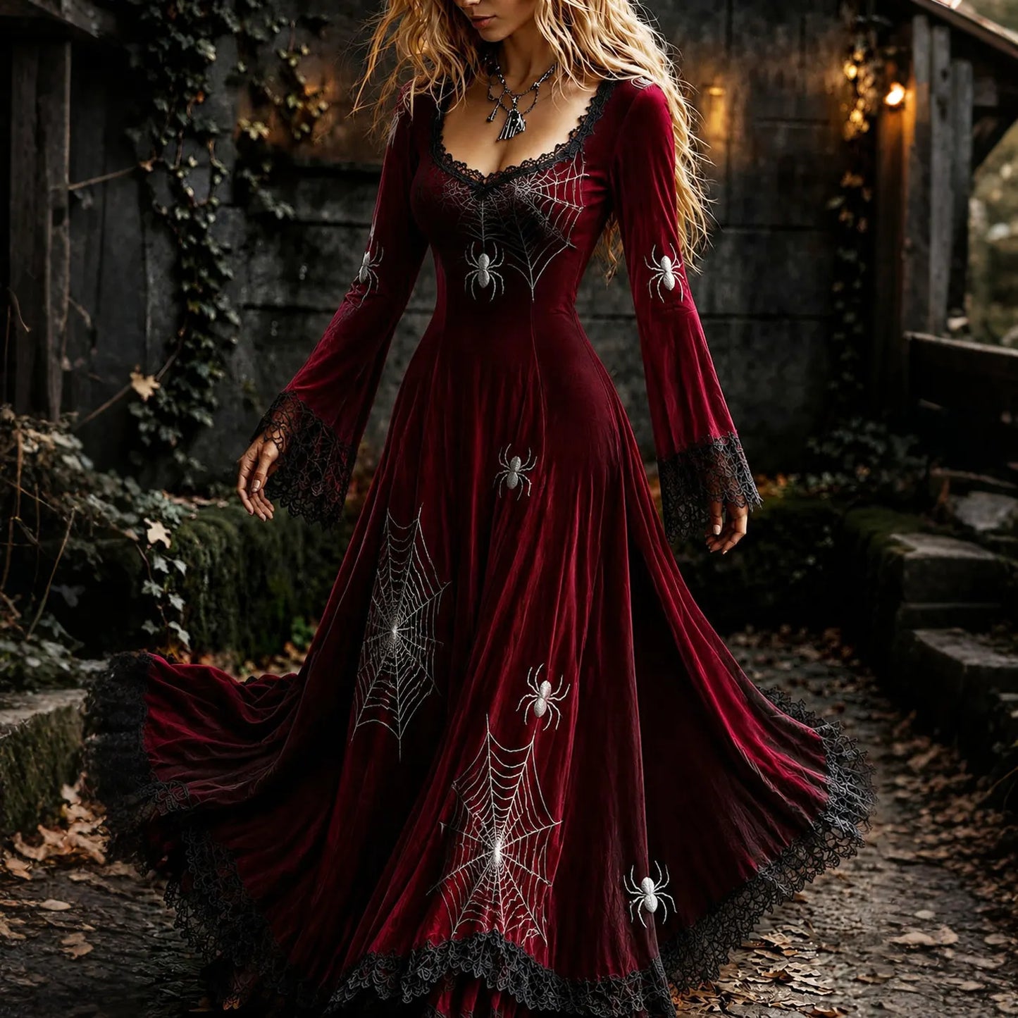 Women's Retro Gothic Spider Web Pattern Maxi Halloween Dress