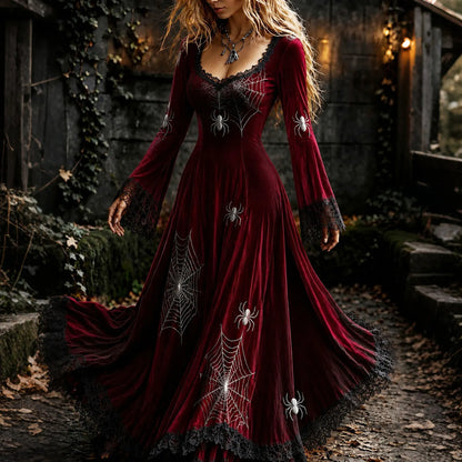 Women's Retro Gothic Spider Web Pattern Maxi Halloween Dress