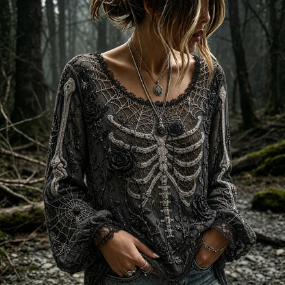 Women's Vintage Halloween Human Skeletal And Rose Art Long Sleeve T-shirt
