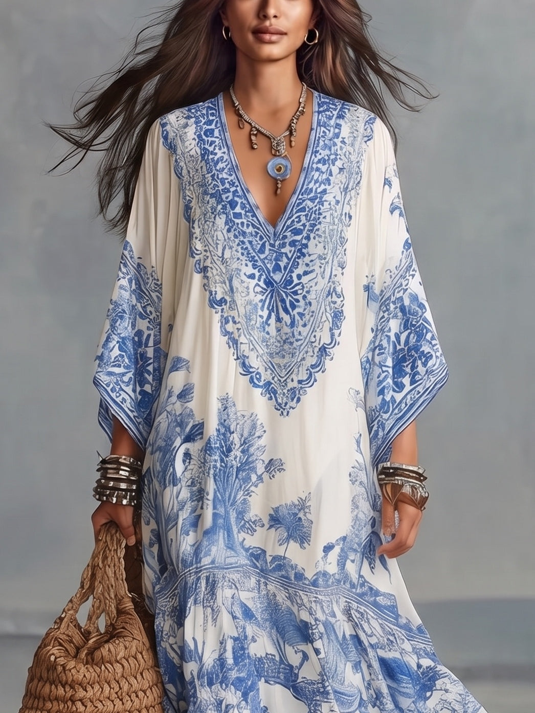 Blue White Floral Print V-neck Batwing Sleeve Kaftan Resort Maxi Dress