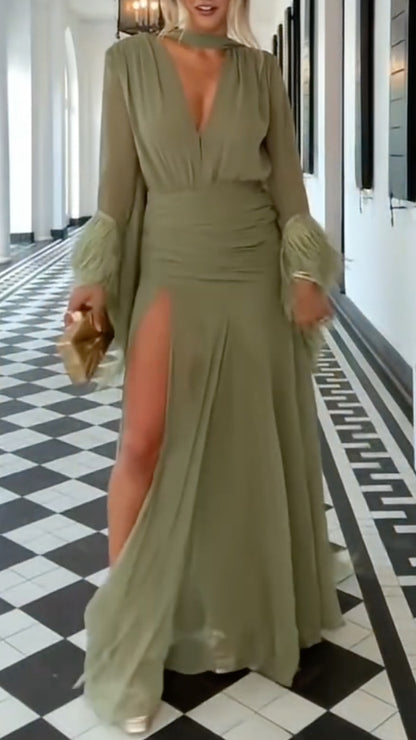 Olive Green Choker Neck Maxi Dress