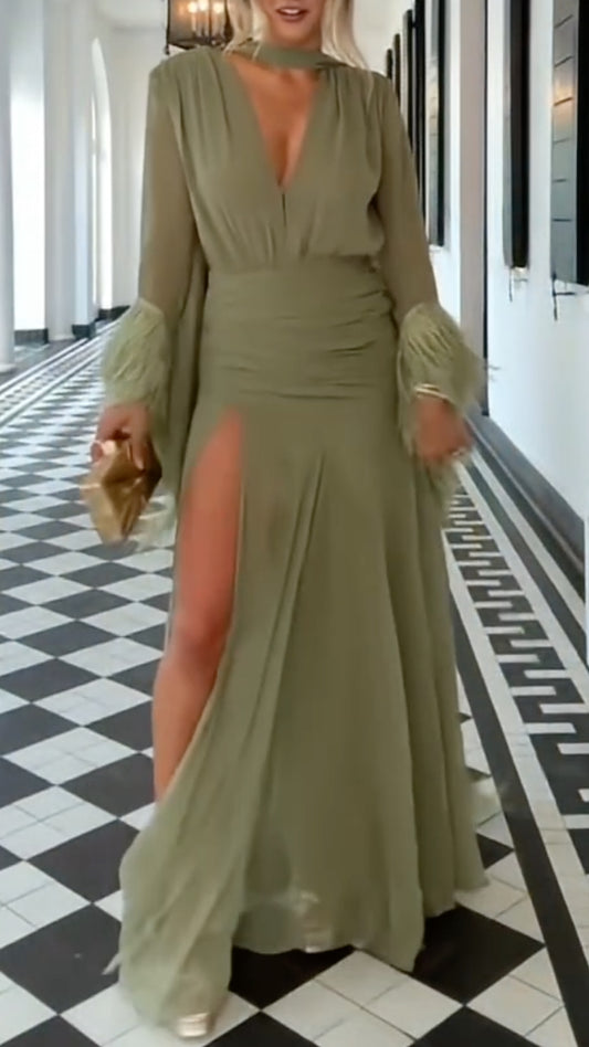 Olive Green Choker Neck Maxi Dress