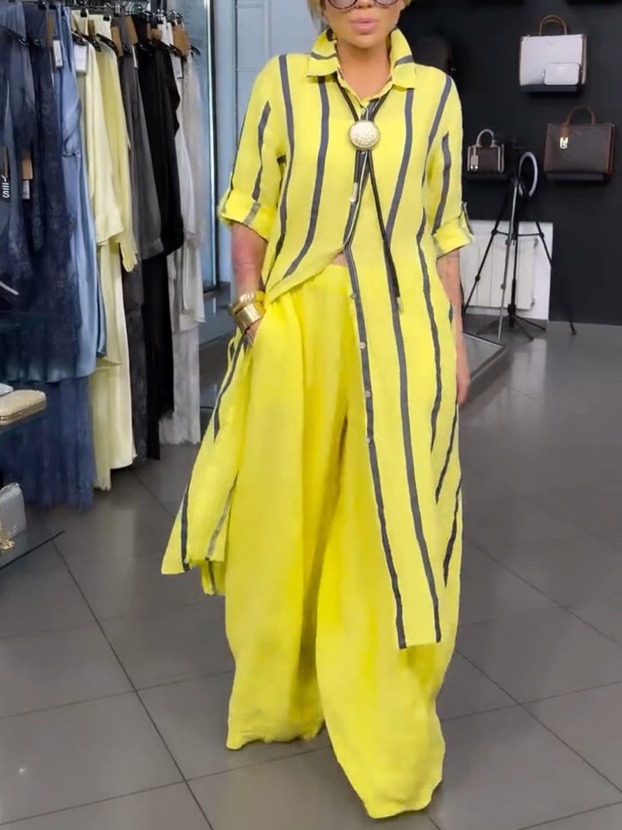 Two-piece Set Featuring A Loose, Casual Striped Long Shirt (linen-cotton Blend) And Solid-colored Trousers.